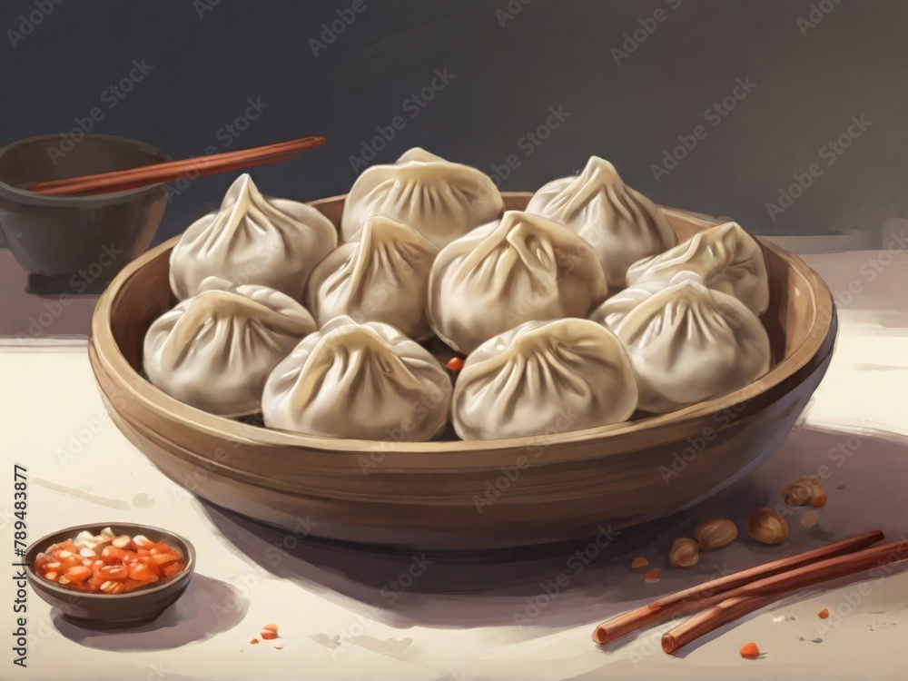 sketch of drawn cooked dumplings in a plate sketch of drawn cooked dumplings in a plate