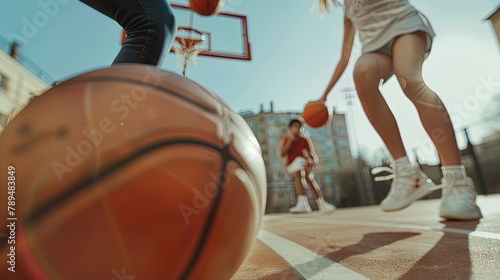 Close up of female basketball players playing basketball on court outdoors.