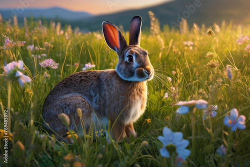 Obraz na płótnie Rabbit on the lawn with flowers at sunset w salonie