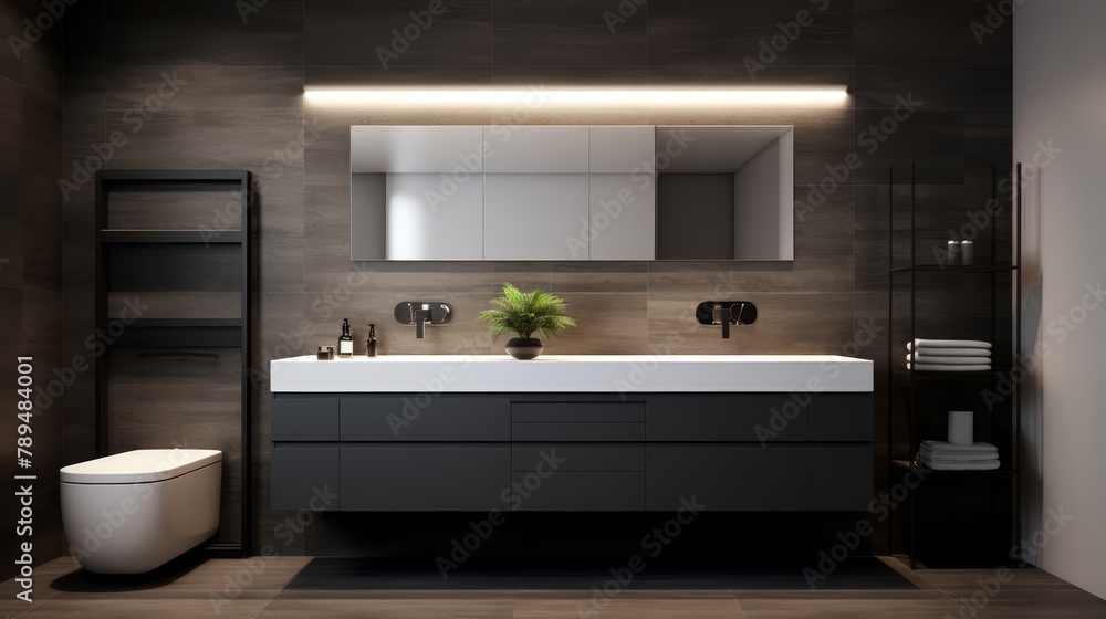 Modern simplicity in a high-end black and white styled bathroom, showcasing a minimalist black cabinet under bright, linear lighting effects, streamlined, symmetrical, photo-realistic Modern simplicity in a high-end black and white styled bathroom, showcasing a minimalist black cabinet under bright, linear lighting effects, streamlined, symmetrical, photo-realistic