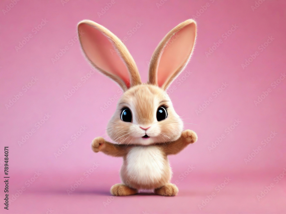 White rabbit jumps and dances on a pink background. Cute bunny. Happy Easter day, cartoon character design.