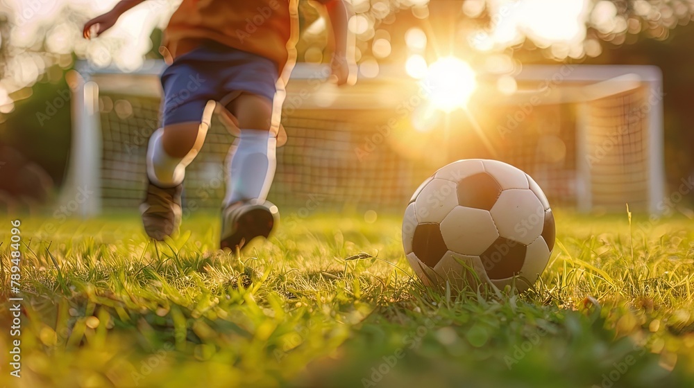 Obraz premium Soccer player kicking the ball on the field at sunset time.