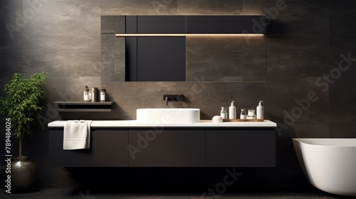 Modern simplicity in a high-end black and white styled bathroom  showcasing a minimalist black cabinet under bright  linear lighting effects  streamlined  symmetrical  photo-realistic