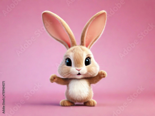 Obraz na płótnie White rabbit jumps and dances on a pink background. Cute bunny. Happy Easter day, cartoon character design. w salonie