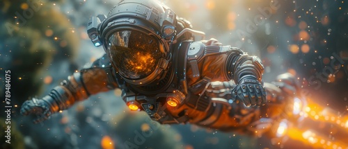 A man launches a flying jetpack. A robotic suit with rocket engine is worn by a man. Illustrations of superhero cyborgs in exoskeletons. Muscular men in sci-fi flying suits. 3D rendering.