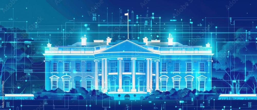 Blue background with holographic elements depicting the White House