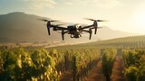 Precision agriculture in action, A close-up of a drone flying over a vineyard, illustrating the impact of AI and automation in farming