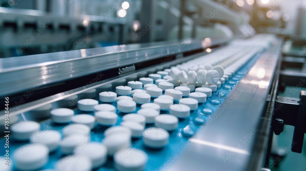 Pills production at a medicine factory. The pills move along a conveyor belt and are inspected before being packaged