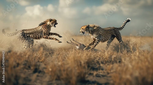 Two cheetahs sprinting at top speed, competing for a gazelle carcass on the African savannah, photo