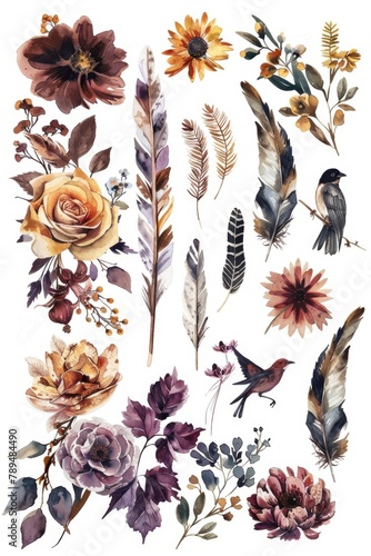 Beautiful watercolor illustration of various flowers and birds. Ideal for greeting cards and stationery