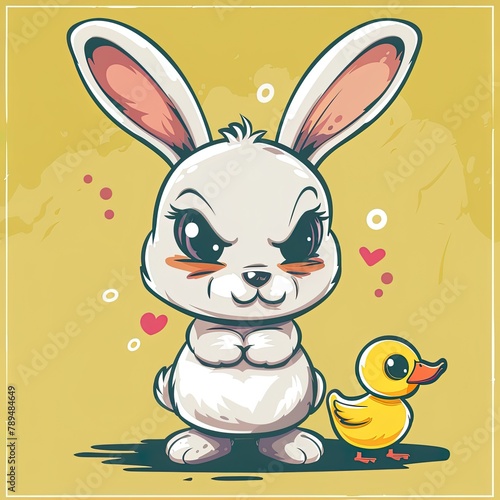 Cute cartoon bunny with duck and duckling. Vector illustration. © Resi