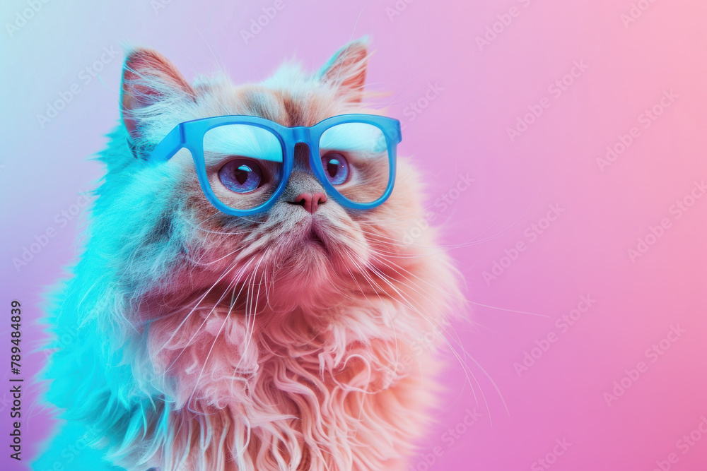 portrait of a cute persian cat wearing blue glasses on a pink and purple background portrait of a cute persian cat wearing blue glasses on a pink and purple background