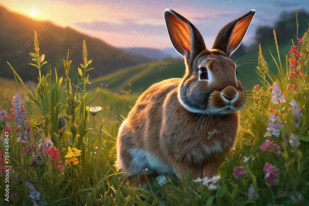 Rabbit on the lawn with flowers at sunset