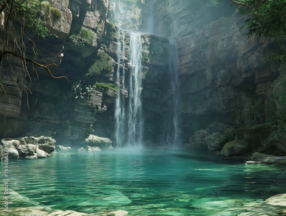 A waterfall is flowing into a pool of water. The water is clear and calm. The scene is peaceful and serene