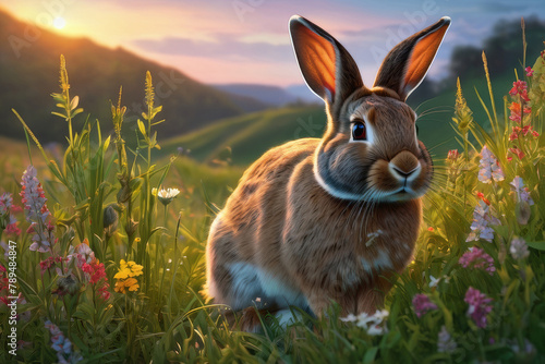 Rabbit on the lawn with flowers at sunset