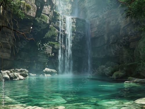 A waterfall is flowing into a pool of water. The water is clear and calm. The scene is peaceful and serene