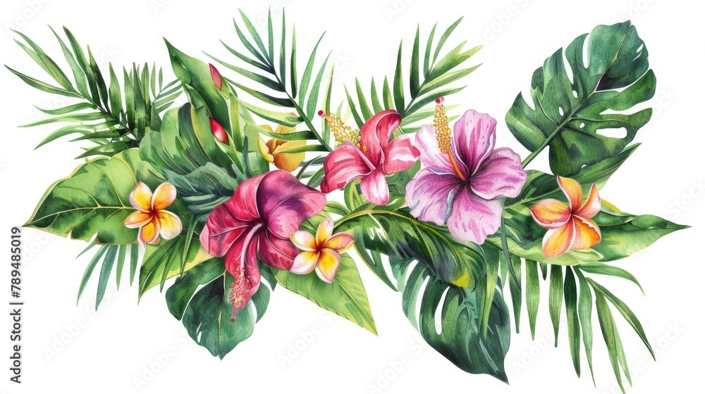 Colorful tropical flowers and leaves painted in watercolor style. Perfect for tropical-themed designs