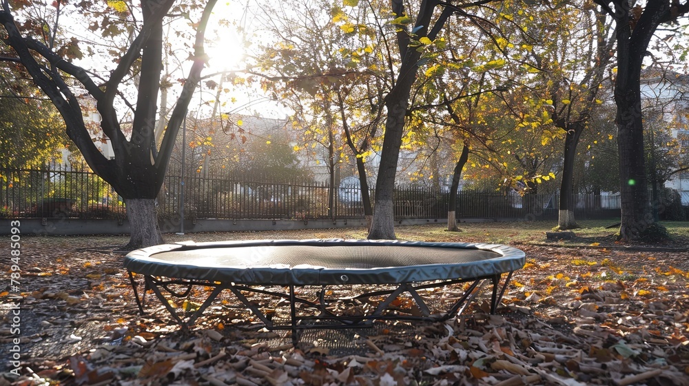 Autumn park with a trampoline and fallen leaves in the foreground Autumn park with a trampoline and fallen leaves in the foreground