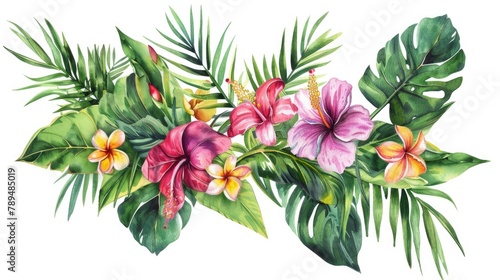 Colorful tropical flowers and leaves painted in watercolor style. Perfect for tropical-themed designs © Fotograf