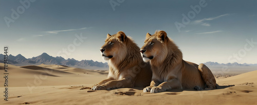 Regal Lions Resting Atop Sand Dune - 3D Icon Double Exposure Photo Stock Construction Concept