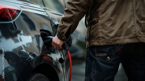 A man connects the cable to an electric car to charge it
