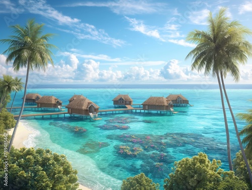 A beautiful beach with palm trees and a clear blue ocean. The beach is surrounded by small wooden houses  giving it a tropical vibe. The scene is peaceful and relaxing  perfect for a vacation
