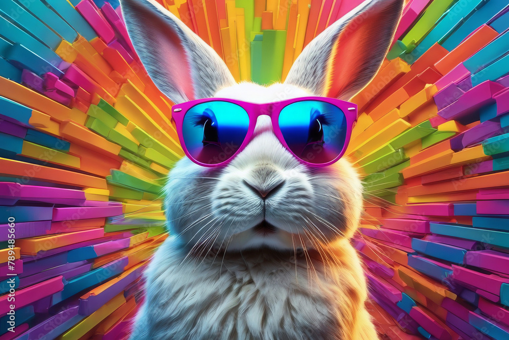 Close-up of a fashionable gray rabbit wearing glasses on a neon color background.