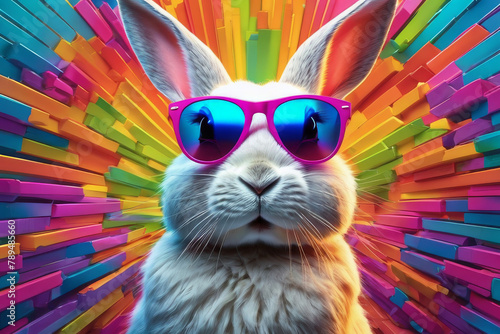 Obraz na płótnie Close-up of a fashionable gray rabbit wearing glasses on a neon color background. w salonie