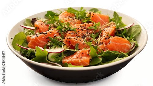 Delicious salad with smoked salmon, isolated on a stark white background