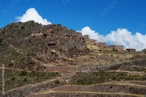 Complex of well-preserved ruins on top of a hill in the citadel of Pisac in Peru