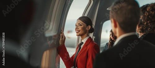 smiling stewardess on the passenger plane photo