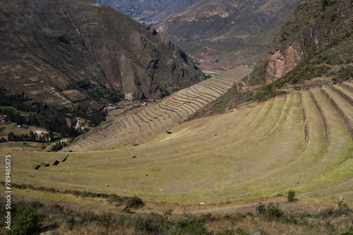 Terraces in the ancient upper town of Pisac photographed from top to bottom showing depth of the Sacred Valley