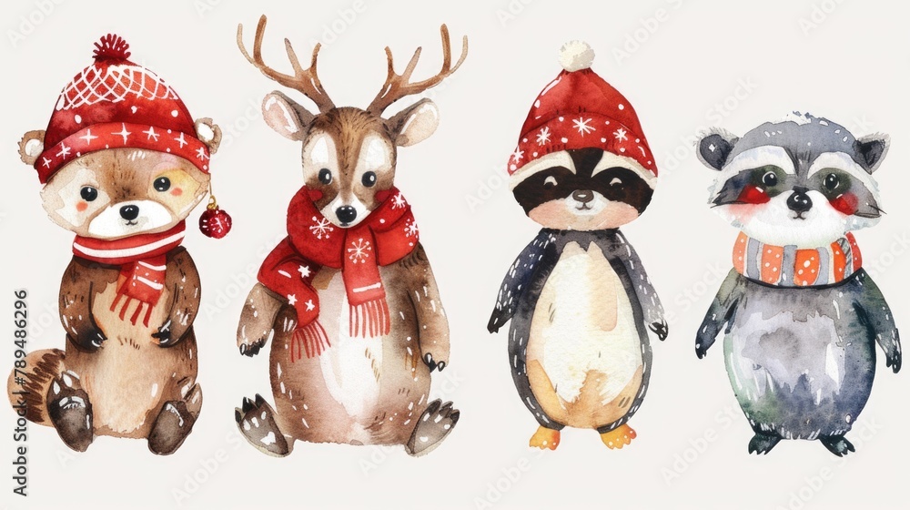 Group of animals wearing festive winter accessories. Suitable for holiday and winter-themed projects