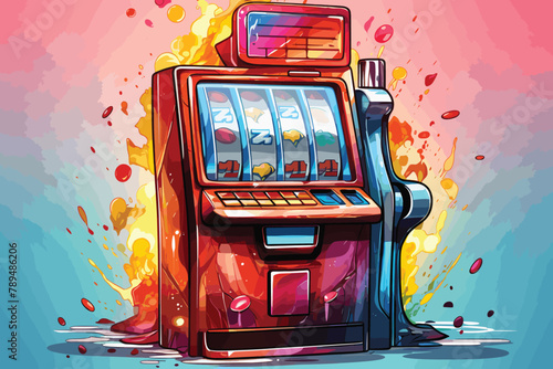 Slot machine jackpot win poster. Lucky all sevens spin combination on one of three fruit one-armed bandit. Money coins raining from slot. Flat vector object illustration photo