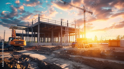 Construction background: A Construction site of large residential commercial building, some already built, large metal structure with bright sky background. © JovialFox