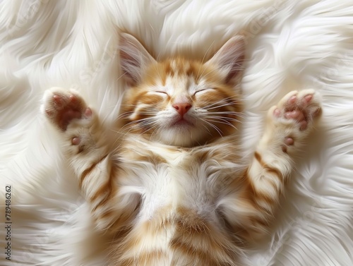 Adorable ginger kitten stretching and relaxing on a white fluffy background.