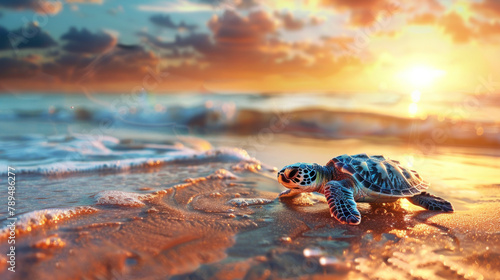 close up of a baby sea turtle is getting out of the water into the beach during sunset