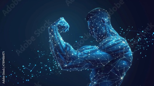 Wireframe banner template with human power. Polygonal illustration with strong muscles, flexed biceps, and connected dots.