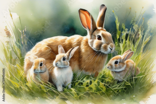 Obraz na płótnie Rabbits. A family of rabbits on a green meadow. Spring flowers and green grass w salonie