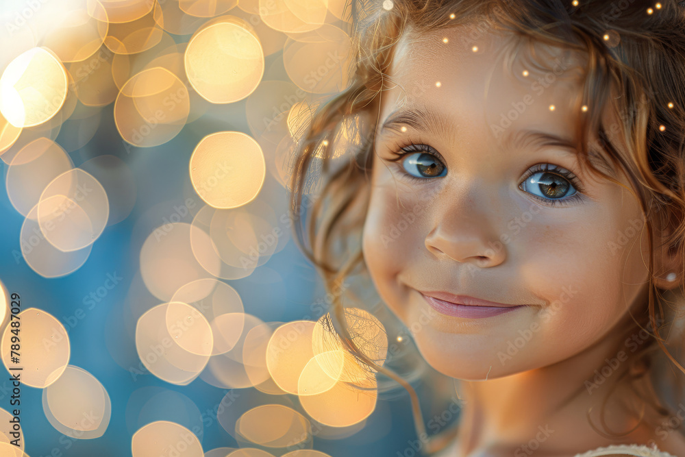 Fototapeta premium A young girl with brown hair and brown eyes is smiling at the camera. The image has a warm and cheerful mood, with the girl's bright smile and the soft lighting