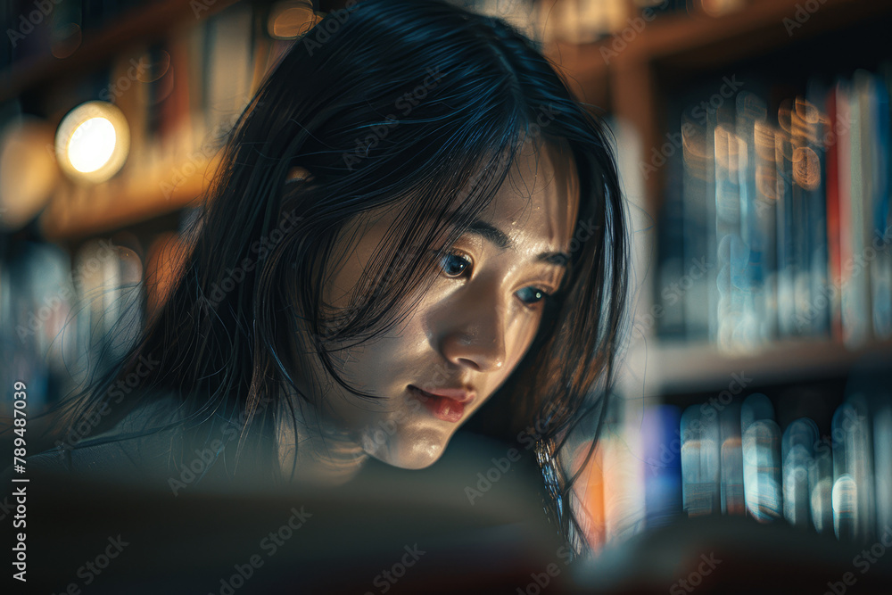 A woman is sitting in a library, looking at a book. The scene is quiet and peaceful, with the woman focused on her reading. The library is filled with books, creating a sense of knowledge and learning A woman is sitting in a library, looking at a book. The scene is quiet and peaceful, with the woman focused on her reading. The library is filled with books, creating a sense of knowledge and learning