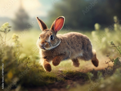 The brown hare is running. Wild brown hare in the field. The brown hare escapes from danger.