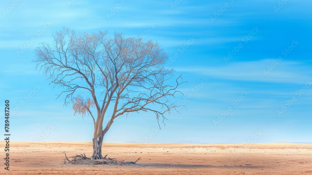 Solitary Tree Standing Tall in Arid Desert Landscape Under Clear Blue Sky Solitary Tree Standing Tall in Arid Desert Landscape Under Clear Blue Sky