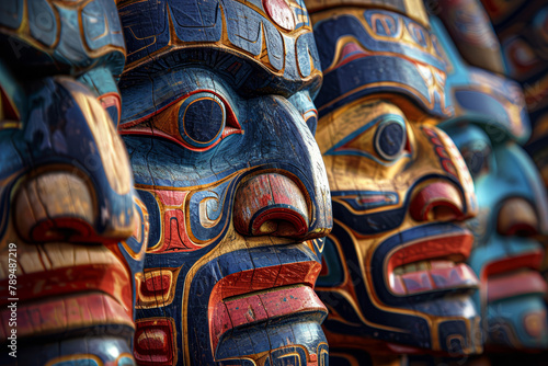 A row of wooden faces with blue, red, and gold colors. The faces are arranged in a line, with the blue one on the left and the gold one on the right