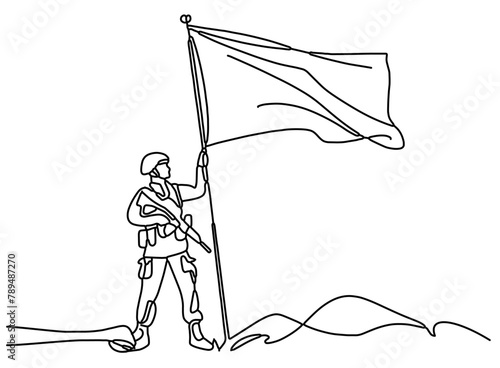 Sinai Liberation Day soldier flag greeting card design one line drawing Continuous drawing of a soldier with a flag in his hand.