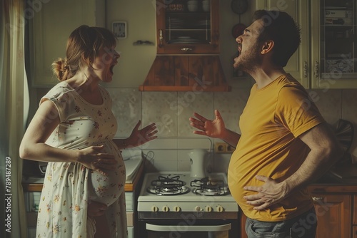 Family conflict. Young family. A pregnant woman and a man quarrel at home, shouting. They stand at home in the kitchen, Generative AI