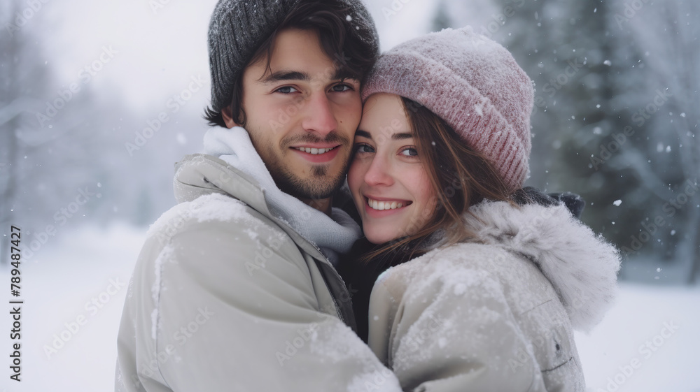A young, married couple holding hands in the snow against a stark white background