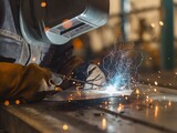 A man is welding metal with a bright orange light in the background. Concept of danger and excitement, as the man works with intense heat and sparks