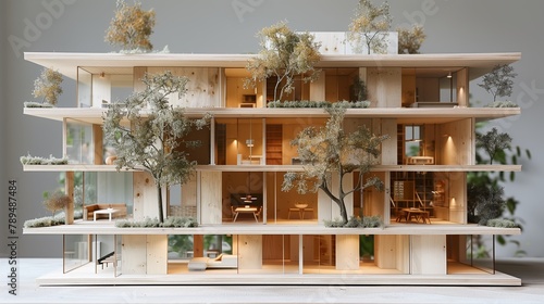 Wooden model of a modern house sustainability. AI Generated