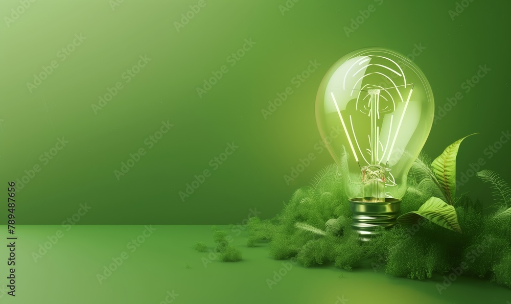 Renewable Energy. Environmental protection, renewable, sustainable energy sources. Green world map on the light bulb on green background Renewable Energy. Environmental protection, renewable, sustainable energy sources. Green world map on the light bulb on green background